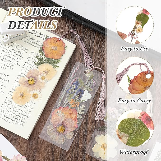 Fuyoooo 376 Pcs Dried Flower Bookmark Making Kit, DIY Bookmark Laminating Pouches with Tassels and Puncher, Handmade Craft Kit for Women, DIY Gifts for Book Lovers (Retro Color,2 x 6 Inch)