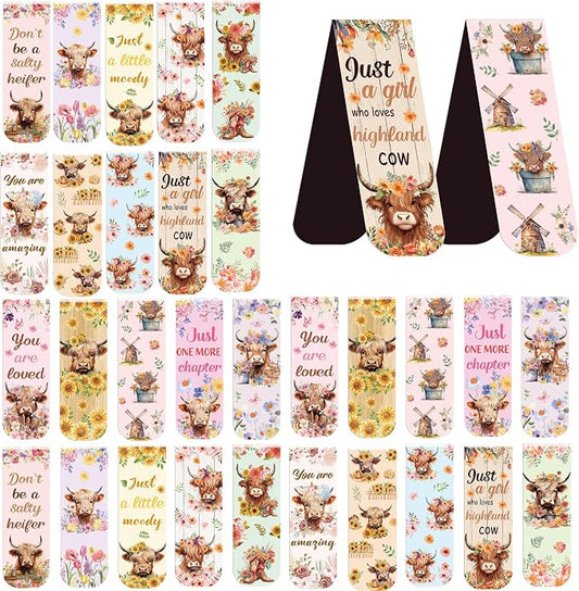 Highland Cow Magnetic Bookmarks: 30 PCS Cute Animal Bookmark Clips, Floral Design Cow Book Marks for Reading, Gifts for Women Girls Cow Lovers, Bookish Supplies for Kids & Adults