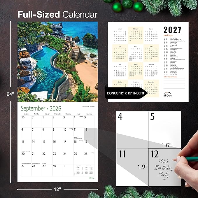 MICASA PRESS Getaways 2026 Wall Calendar 12 Month | 12" x 24" Open | Thick & Sturdy Paper | Giftable | Travel Calendar 2026
