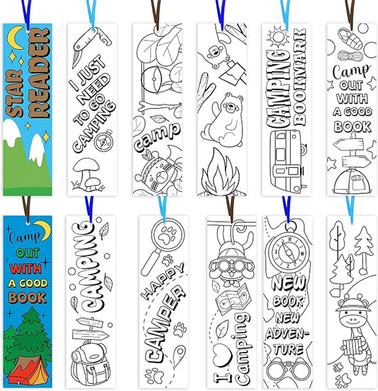 ANGOLIO Camping Party Coloring Bookmarks - 150P Color Own Camp Bookmarks Kids DIY Blank Crafts Party Game Prize Art Craft Big Pack Supplies Back to School Book Fillers Classroom Read Club Rewards