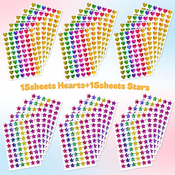1710 Holographic Star and Heart Stickers 0.6", Self-Adhesive for Kids Rewards, Classroom Supplies, Behavior Charts, Student Incentives, Planner, Scrapbooking, DIY Crafts, Party Favors, Holiday Decor
