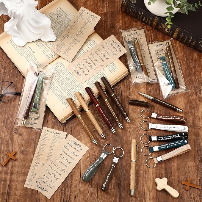 Feifeiya 40 Pcs/10 Sets Bulk Fathers Day Gifts for Church Christian Bible Verse Pen Religious Keychains Prayer Bookmarks Appreciation Gift for Teacher Employee Coworkers Women Men