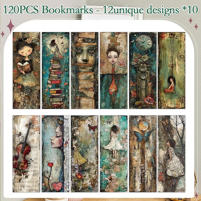 Vintage Girl Bookmarks Gifts - 120 Pcs Gothic Fairytale Bookmark Paper Dark Aesthetic Butterfly Flower Book Marks Page Marker Clip Favors for Women Office Home Book Lovers Reading Supplies
