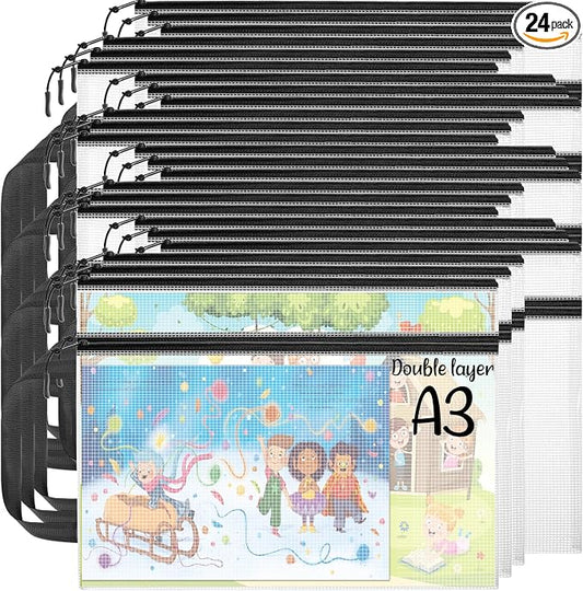 Double Layers Mesh Zipper Pouch Bags A3 (17x12 in, 24 Pcs) 8 Colors Extra Large Zipper Bags, Waterproof File Pouches for Puzzles Board Game Teacher School Classroom Office Supplies Travel Bag