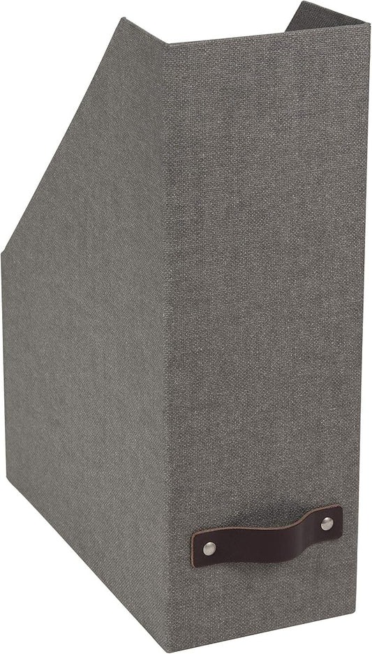 Bigso Box of Sweden Estelle Canvas Fiberboard Upright Magazine Storage Box Organizer for Papers & Catalogs w/Leather Handle | Magazine File Holder for Office Desks | 12.6" x 4.5" x 9.8" | Gray