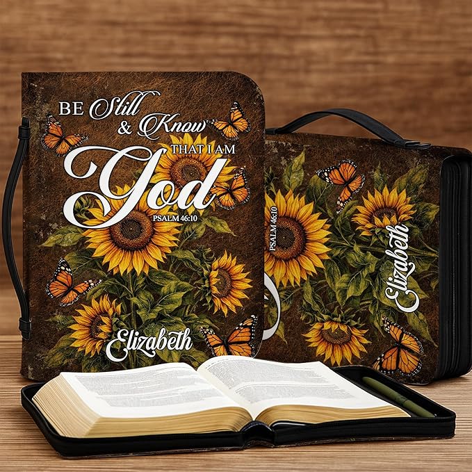 Custom Leather Bible Cover with Name – Personalized Bible Case for Women Zippered with Handle, Bookmark & Storage Pockets, Christian Gift for Mom, Daughter, Grandma (Be Still & Know, M-2XL)