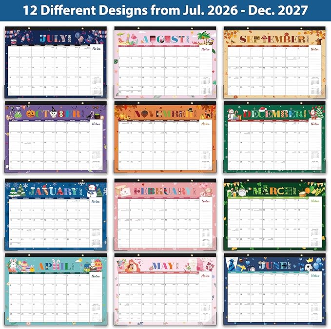 Desk Calendar 2026-2027 - Calendar 2026-2027 from July 2026 to December 2027, 12" x 17", 18 Monthly Desk Calendar with Protector Corner- Holiday Design
