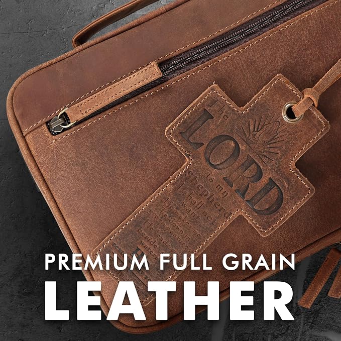 ELIZO Leather Bible Cover for Men Bible Case for Women Zippered Holder Protector Cross Church Tote Bag Carrying Organizer Sleeve Gift Study Saddle