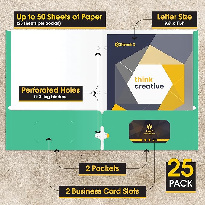 2 Pocket Portfolio Folders, 25 Pack, Trendy Cool Colors, Fits Letter Size Paper, for School, Office, Home, Matte Finish (Mint Green)