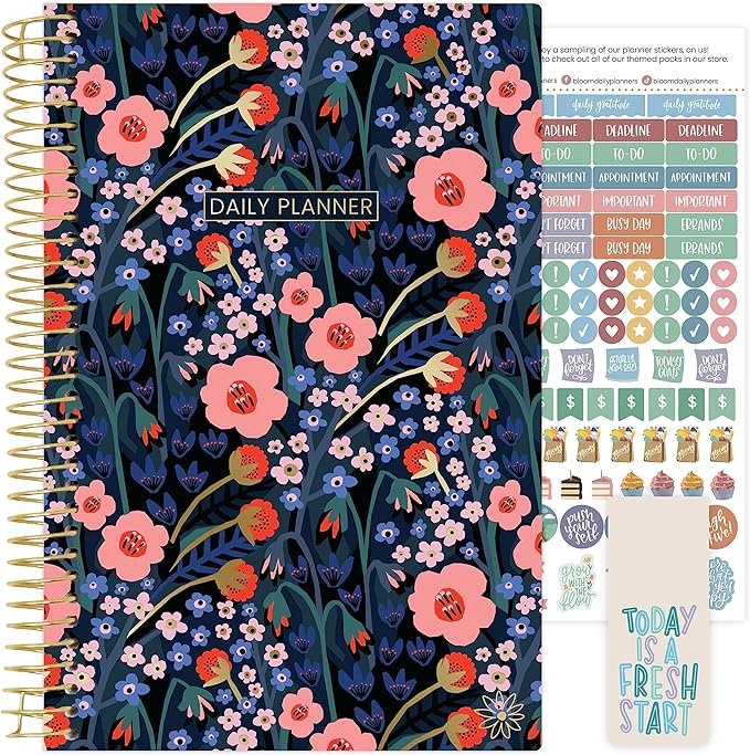 bloom daily planners UNDATED Calendar Year Day Planner - Passion/Goal Organizer - Start Anytime Monthly/Weekly Agenda Book with Tabs (January to December) - 5.5" x 8.25" - Poppy Meadow, Blue
