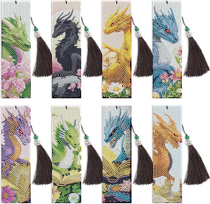 Dragon Diamond Art Bookmarks Kit: 8 Pcs Diamond Painting Bookmark with Tassels, Fantastic Dragon Book Marks for Book Lovers, Gifts for Reading Men DIY Crafts