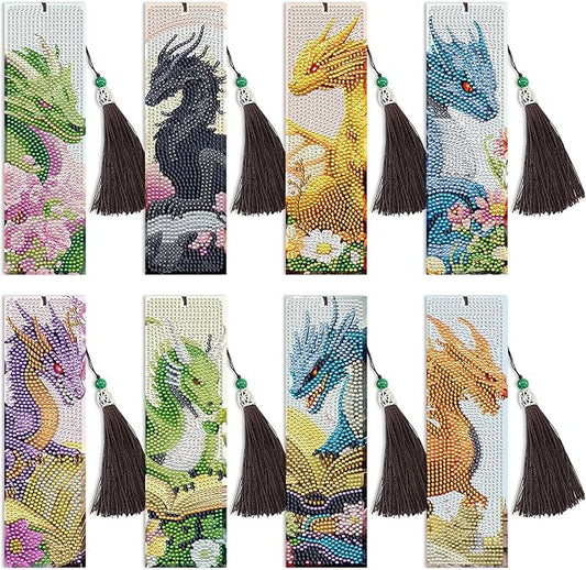 Dragon Diamond Art Bookmarks Kit: 8 Pcs Diamond Painting Bookmark with Tassels, Fantastic Dragon Book Marks for Book Lovers, Gifts for Reading Men DIY Crafts