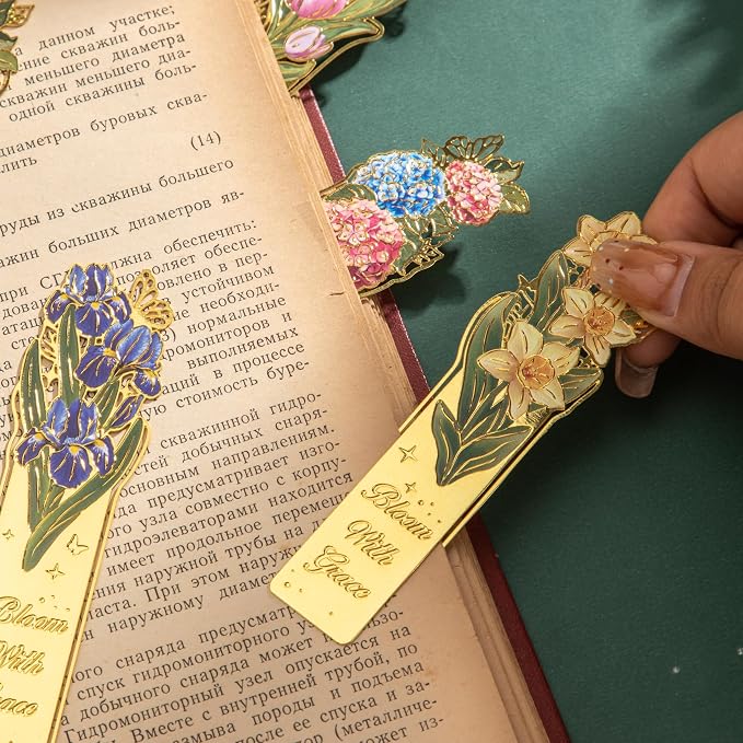 8 Pieces Metal Clip Bookmarks, Golden Hollow Floral Bookmark Monet Oil Painting Theme Book Mark Birthday Funny Art Gifts for Women Book Lovers Writers Readers Children Teens Men