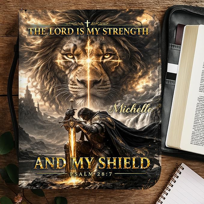 Personalized Man of God Bible Cover for Men, Christian PU Leather Bible Case with Handle Zipper, God Says I Am Warrior Scripture Bible Holder, Religious Gift for Men (The Lord id My Strength)
