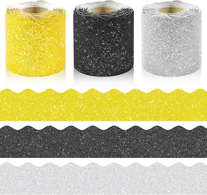 3 Rolls 98.4 Ft Glitter Bulletin Board Borders Set - Sparkly Classroom Borders for Bulletin Board Decorations - Office, School Supplies, Home DIY - Perfect for Teachers, Posters & Birthday Party Decor