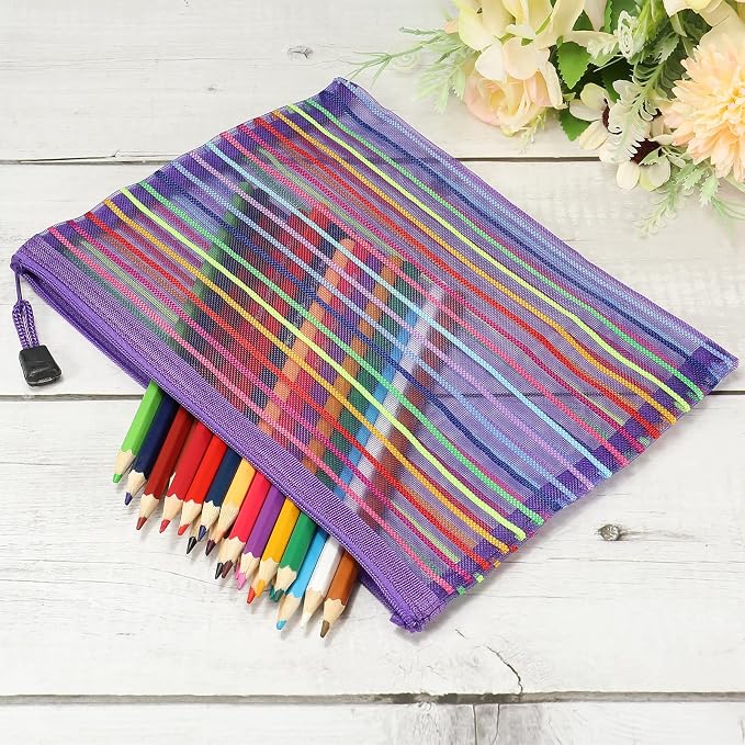 MECCANIXITY Mesh Zipper Pouches, A5 Colorful Pencil Case Document File Bags Storage Organizer for Office Supply Travel Accessory, Purple Pack of 6