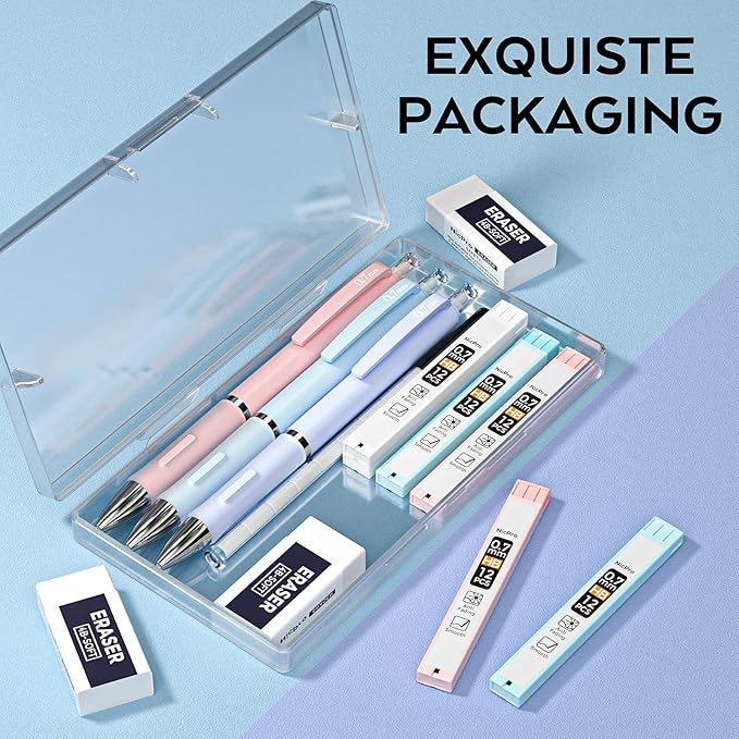 Nicpro 3PCS Cute Mechanical Pencil Set with Case, 0.7 mm Pencils with 6 Tube HB Lead Refill, 3PCS Eraser, 9PCS Eraser Refill for School Supplies Student Writing, Drafting Drawing Sketching