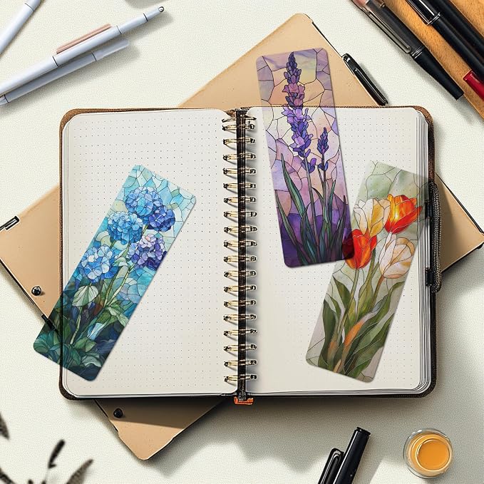 TwoDays 5Pcs Stained Glass Art Flower Bookmark - Transparent PVC Bookmark for Reading Women, Floral Bookish Gifts for Book Lovers Booktok, Cute Book Accessories (6'' X 2'')