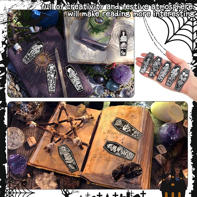 Clabby 48 Pcs Mini Gothic Skeleton Coffin Magnet Bookmarks Bulk with Magnet Halloween Gothic Book Marker Dark Romance Holiday Gift for Book Lovers Bookworm Bookish 12 Style