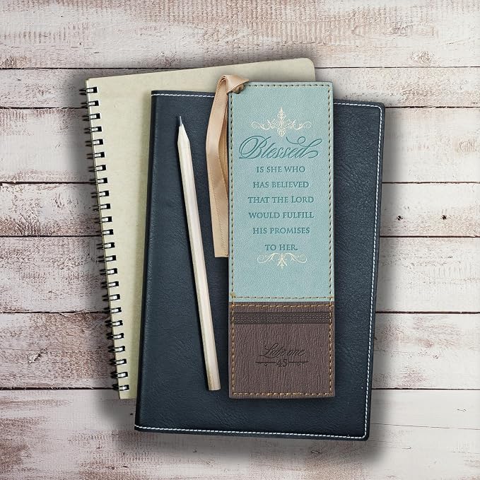 Christian Art Gifts Vegan Faux Leather Scripture Bookmark for Women: Blessed is She - Luke 1:45 Inspirational Bible Verse Heat-Debossed, Faith-Based Reading Book Accessory w/Ribbon Satin Tassel, Blue