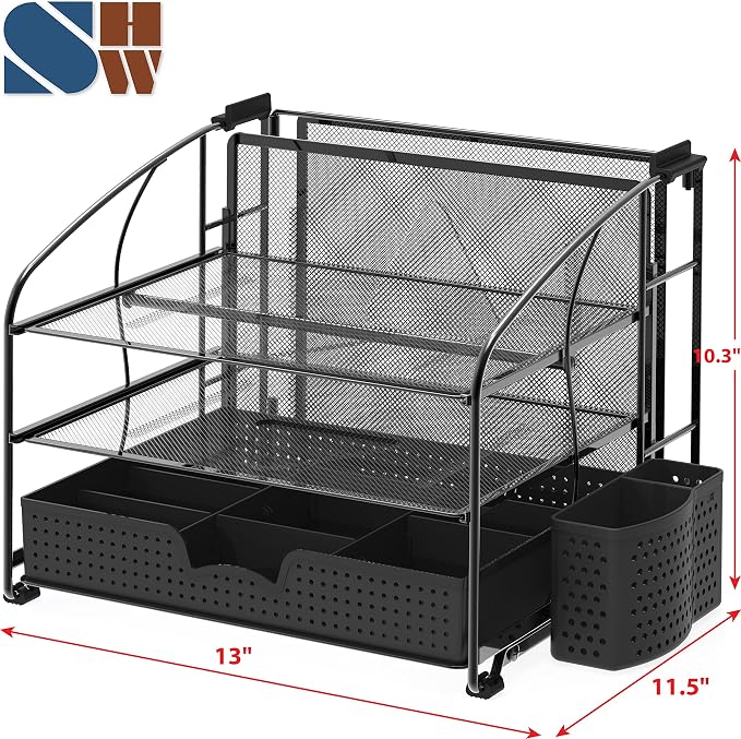 Simple Houseware 3-Tier Desk Organizer with Sliding Drawer, Hanging File Holder and Pen Holder Accessory, Black