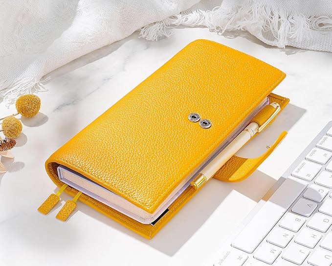 Genuine Leather Cover for Hobonichi Weeks/Weeks Mega with Pen Loop, Card Slots, Back Pocket, and Bookmarks (Yellow)