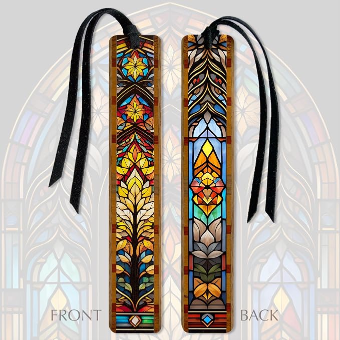 Double-Sided Stained Glass Floral Wooden Bookmark | Colorful Mosaic Botanical Design | Art Nouveau & Prairie Style Inspired Bookmark Gift for Readers | Handmade in the USA