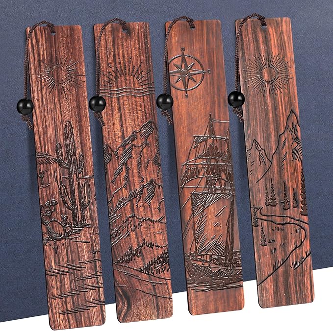 4Pcs Wood Bookmark for Men Father's Day, Adventure Wooden Carving Book Mark Vintage Bookmark for Men Boy Book Lovers Birthday Present Students Teachers Appreciation