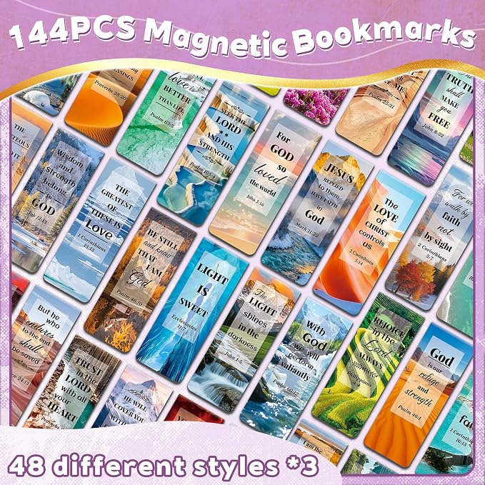 144Pack Magnetic Bookmarks Bible Bookmark Christian Bookmarks Bulk Book Marks for Reading Women Men Adults Kids Book Lovers Gifts, Cute Personalized Religious Magnet Bookmark Clips (Scenery)
