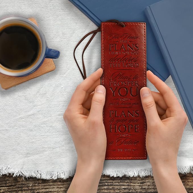 Christian Art Gifts Premium Vegan Leather Scripture Bookmark for Men: I Know The Plans - Jeremiah 29:11 Inspirational Bible Verse, Heat-Debossed, Faith-Based Reading Accessory, Brown with Cord Tassel