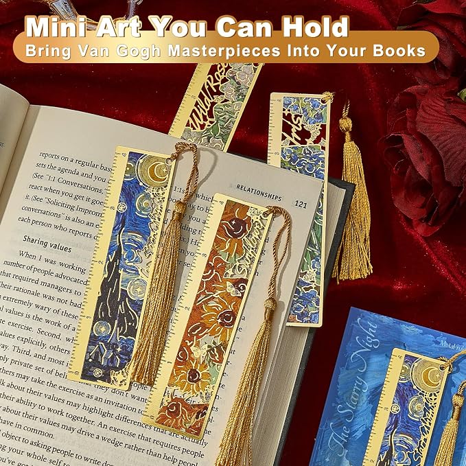 4 PCS Metal Bookmark Ruler, Hollow Van Gogh Book Marks for Reading Women & Men, Journals, Planners,Book Lovers Gift