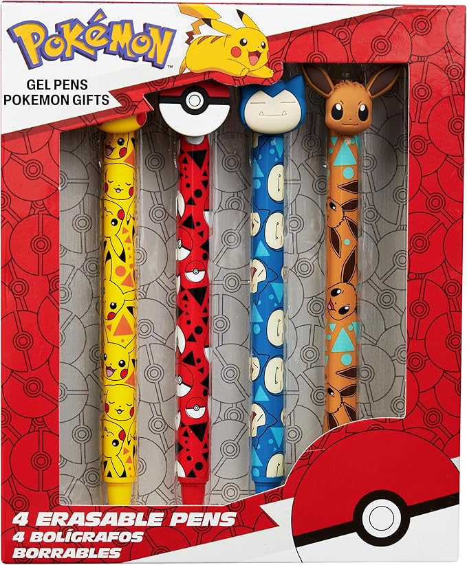 Pokemon Erasable Pens Set with 0.6mm Tip for Kids, Retractable Ballpoint Pens with 3D Toppers for School Drawing Writing Pikachu Anime Gifts for Kids (Multi Pikachu & Eevee)