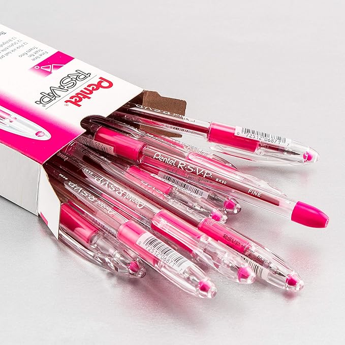 Pentel RSVP Ballpoint Pen, (0.7mm) Fine Line, Pink Ink, Box of 12 (BK90-P)