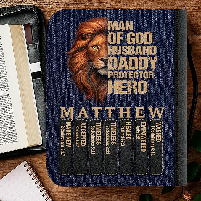 Personalized Man of God Bible Cover, God Says I Am Bible Case PU Leather, Bible Holder Handle Zipper, Faith Scripture with Name Case Bag, Religious Gifts for Church Christians Women Men (GOD-01)