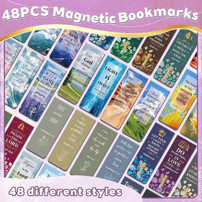 48Pack Magnetic Bookmarks Bible Bookmark Christian Bookmarks Bulk Book Marks for Reading Women Men Adults Kids Book Lovers Gifts, Cute Personalized Religious Magnet Bookmark Clips (Multi-Style)