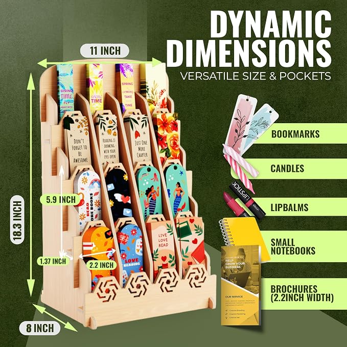 HOTCAN Bookmark Holder Display Stand for Vendors | Wooden Bookmark Booth Display Items with 16 Shelf Pockets | Customizable Space and Mobile Friendly Design Ideal for Craft Fairs, Vendor Booths, Shops