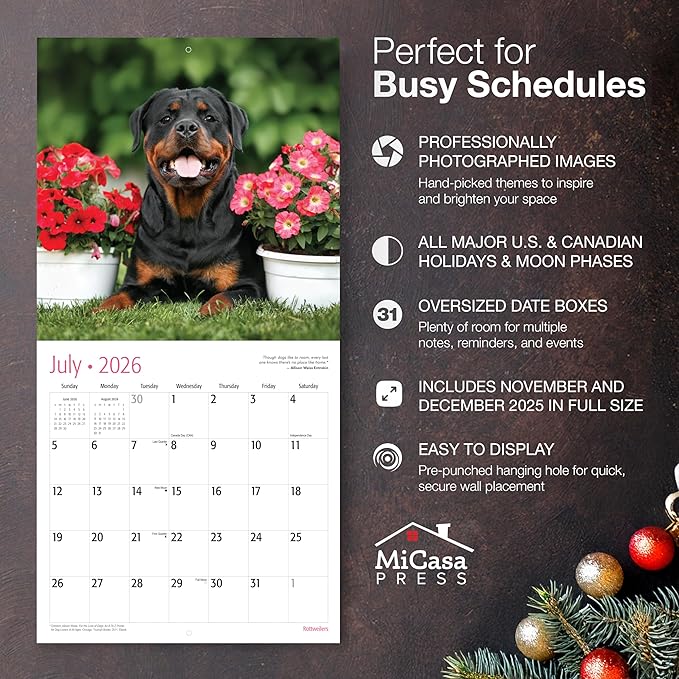 MICASA PRESS Rottweilers 2026 Wall Calendar 12 Month | 12" x 24" Open | Thick & Sturdy Paper |Giftable | Cute Puppy Dog Calendar 2026