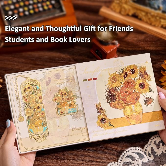 Luxury Metal Bookmark & Book Clip Gift Set, Oil Painting Themed Sunflowers, 1 Bookmark with Pendant + 1 Book Clip, Elegant Christmas New Year Gift Box for Women Book Lovers Writers Readers Teens