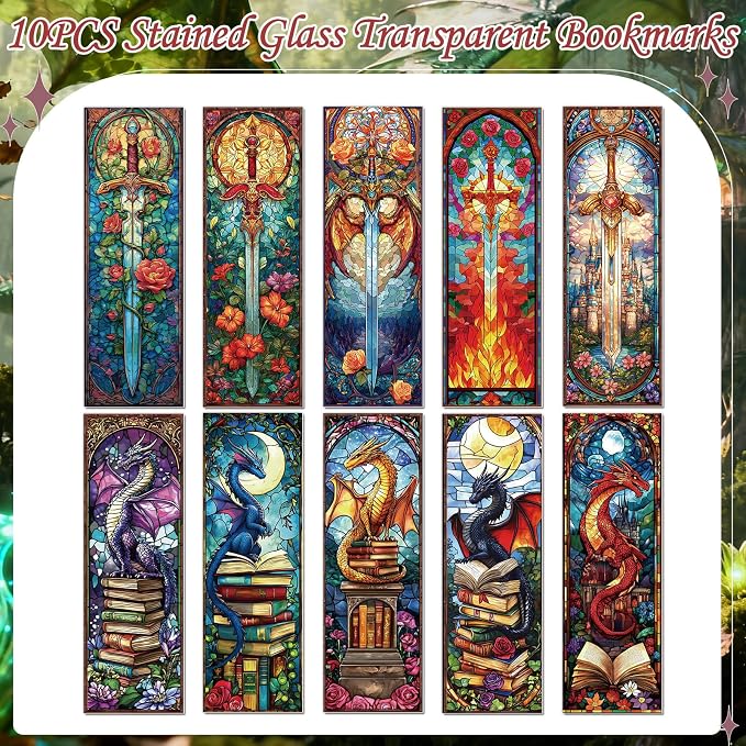 Sword Dragon Bookmark Gifts - 10 Pcs Stained Glass Sword Transparent Bookmark Fantasy Dragon Flower Book Mark Page Clips Gifts for Women Men Book Lovers Teacher Student Bookish Reader