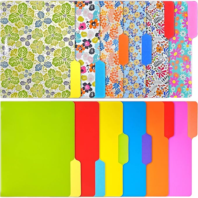 WOT I Decorative File Folders 12Packs, Colored File folders with 6 Cute Floral Design and 6 Solid Vibrant Colors, Two-Tone File Folders Letter Size, 1/3-Cut Tabs, 300gsm
