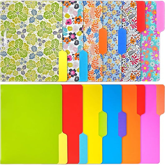 WOT I Decorative File Folders 12Packs, Colored File folders with 6 Cute Floral Design and 6 Solid Vibrant Colors, Two-Tone File Folders Letter Size, 1/3-Cut Tabs, 300gsm