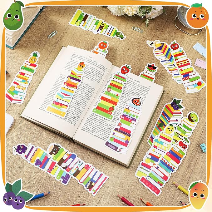 Kolldenn 150 Pcs Book Tracker Bookmarks Bulk 6.3 x 1.97 Inch Bookshelf Love to Read Bookmarks Paper Tracking Double Sided Reading Page Markers for Back to School Reading Lover(Fruit)