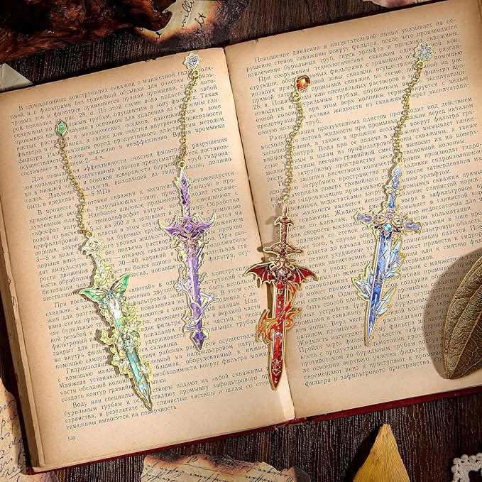4pcs Fantasy Sword Bookmarks for Books, Journals, Planners - Cool Metal Book Markers for Reading Women & Men, Unique Book Marks Gifts for Book Lovers, Reading Accessories for Students & Adults & Kids
