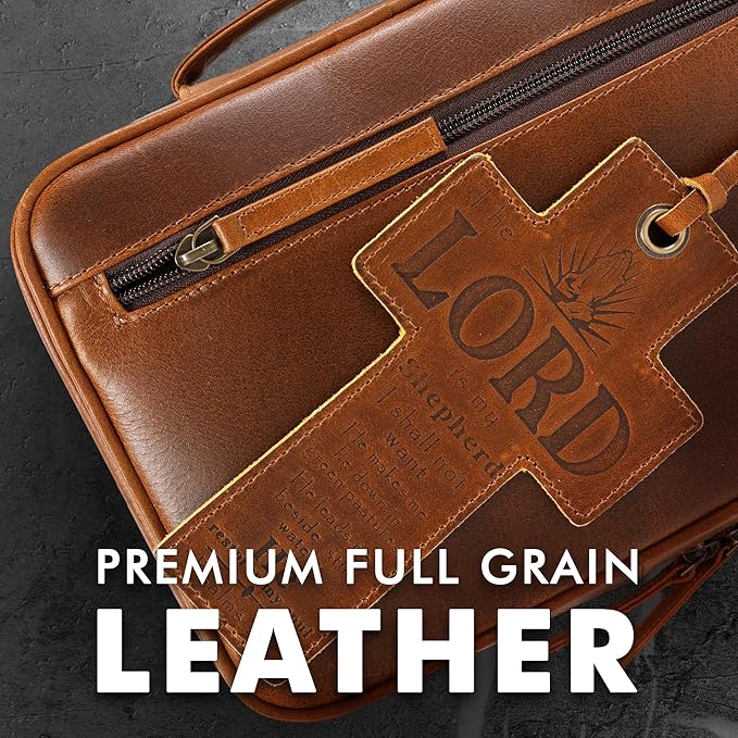 ELIZO Leather Bible Cover for Men Bible Case Women Holder Carrying Organizer Wrap Sleeve Protector Christian Religious Gift Cross Bookmark – Standard Cognac