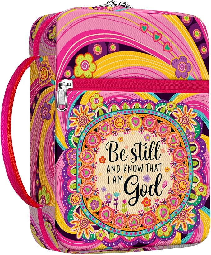 Be Still Bible Cover for Women Girls, Inspirational Bible Case with Handle and Zipper Pocket, Colorful Floral Canvas Bible Bag, Fits Standard Size Bible, Christian Gift for Faith