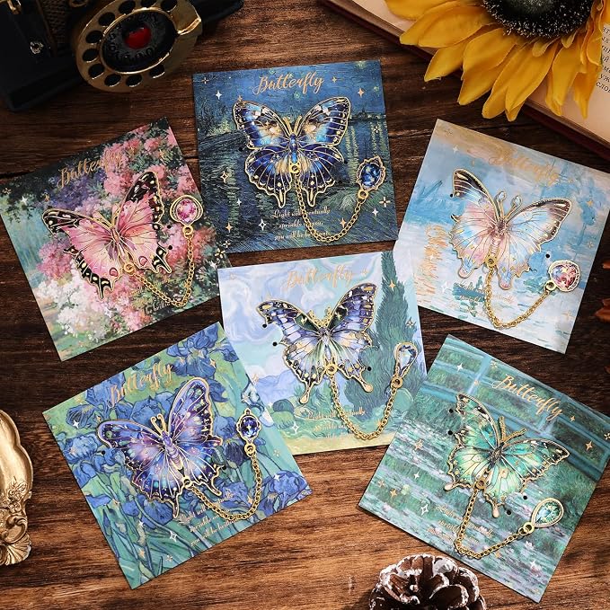 6 Pieces Metal Butterfly Bookmarks with Chain, Golden Hollow Bookmark Monet Oil Painting Theme Book Mark Bookmarks for Book Lovers Women Writers Readers Children Teens