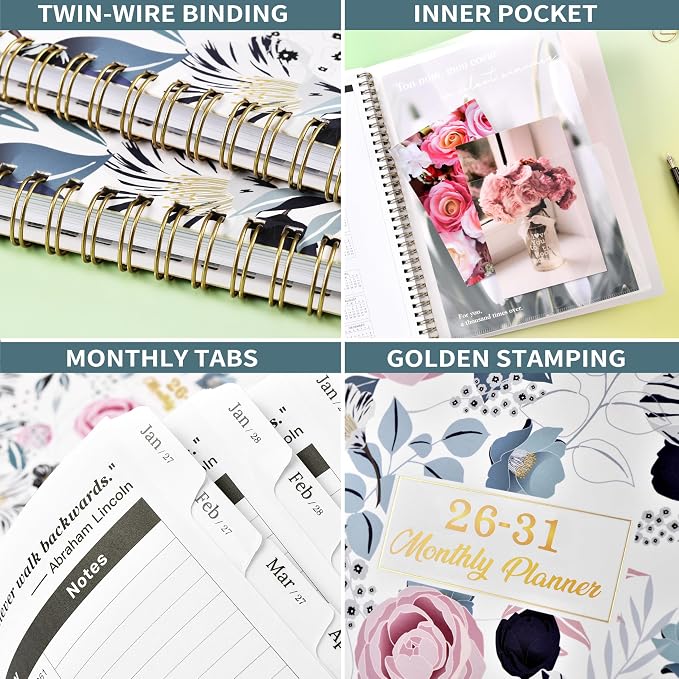 2026-2031 Monthly Planner - 5 Year Planner/Calendar 2026-2031 Spiral Bound, Jul. 2026 - Jun. 2031, 9" x 11", Twin-Wire Binding + Printed Tabs - Petunia