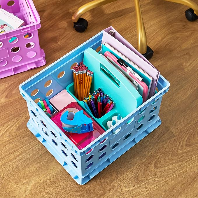 Storage Crate with Handles, 6 Pack Plastic File Organizer Box for Letter Legal Size Documents, Stackable Office Supply Container, 14x10.5x16.97 Inch, Blue