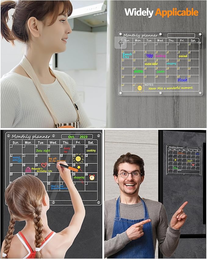 Magnetic Acrylic Calendar for Fridge,2 Pack 11"x15" Clear Fridge Calendar Dry Erase Magnetic Planning Boards Set for Refrigerator with 8 Colorful Highlight Markers