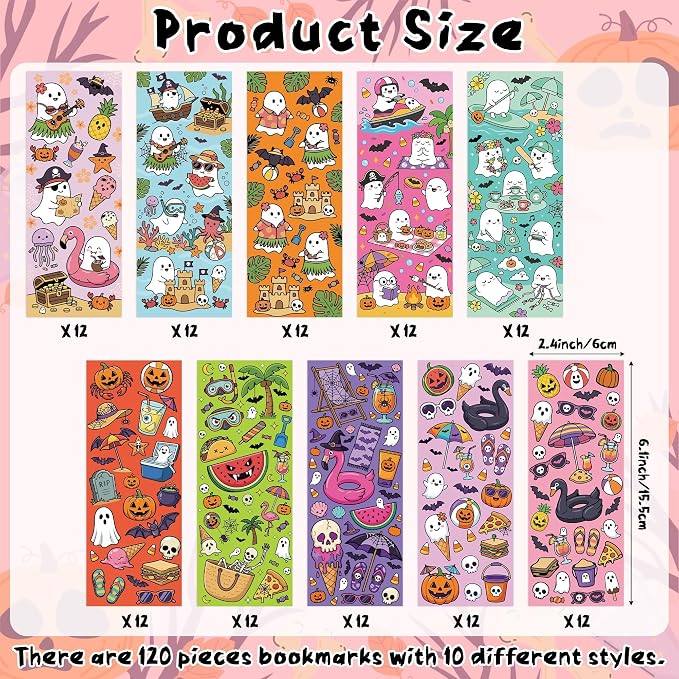 Summer Colorful Reading Bookmark - 120pcs Summer Book Marks Bulk for Book Club Lovers, Gothic Ice Cream Watermelon Spooky Halloween Ghost Double-Sided Bookmark Fantasy Merch for Bookish Gift